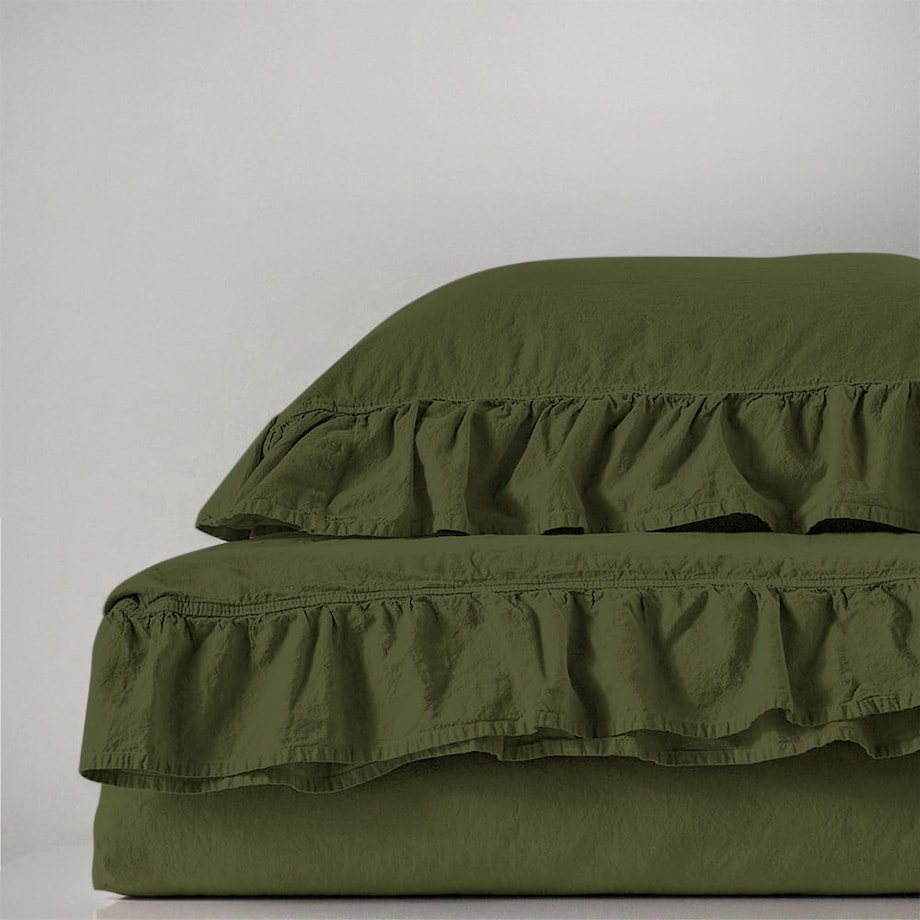 Pościel bawełniana 160x200 z falbanką Stonewashed Exclusive, Oliwka