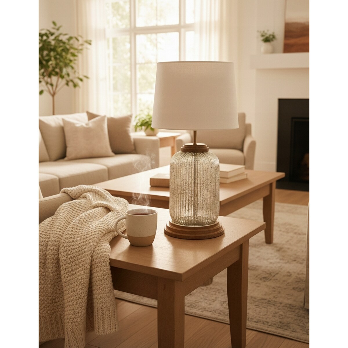 LAMPA STOŁOWA DUŻA 50cm BIURKOWA NOCNA BOHO E27 DREWNIANA SZKLANA DO SALONU