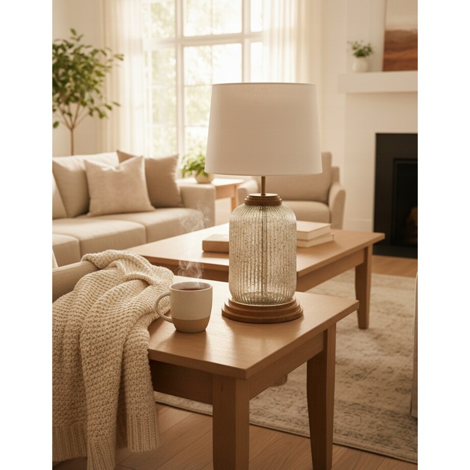 LAMPA STOŁOWA DUŻA 50cm BIURKOWA NOCNA BOHO E27 DREWNIANA SZKLANA DO SALONU