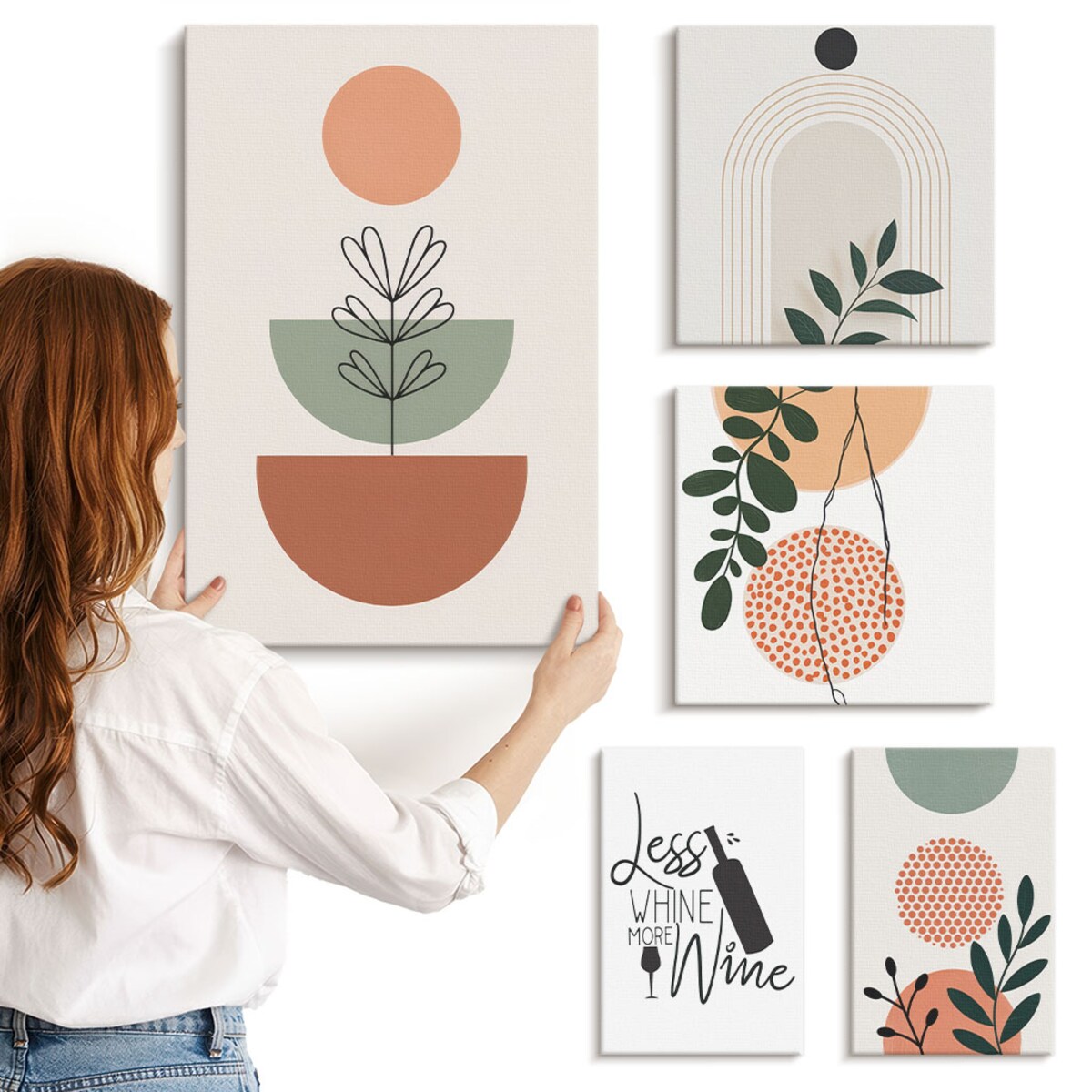Zestaw 5 obrazów na płótnie - Stylowe roślinne dekoracje boho - beżowy