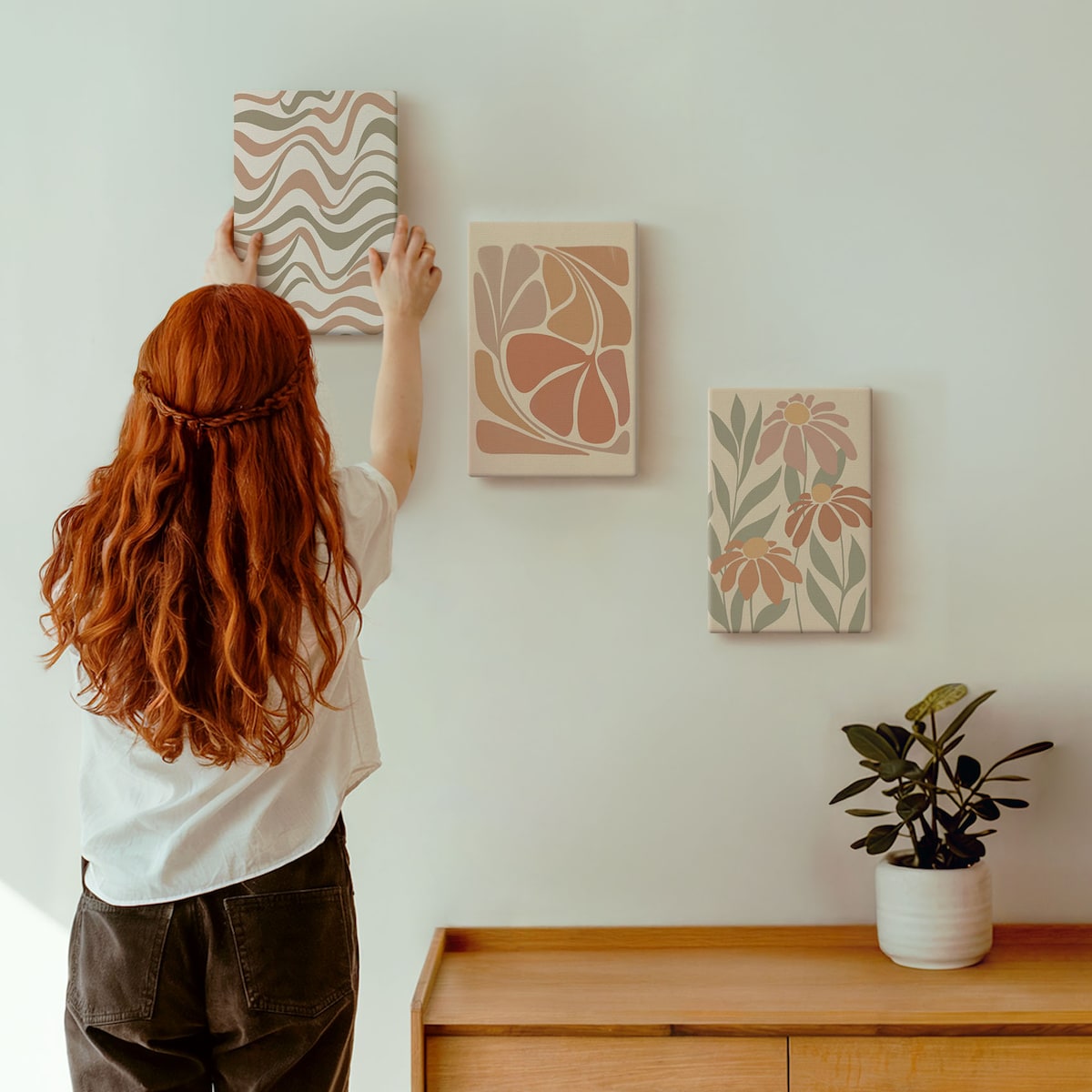 Zestaw 3 małych obrazów na płótnie - Kwiaty pastelowe abstrakcje boho - pomarańczowy