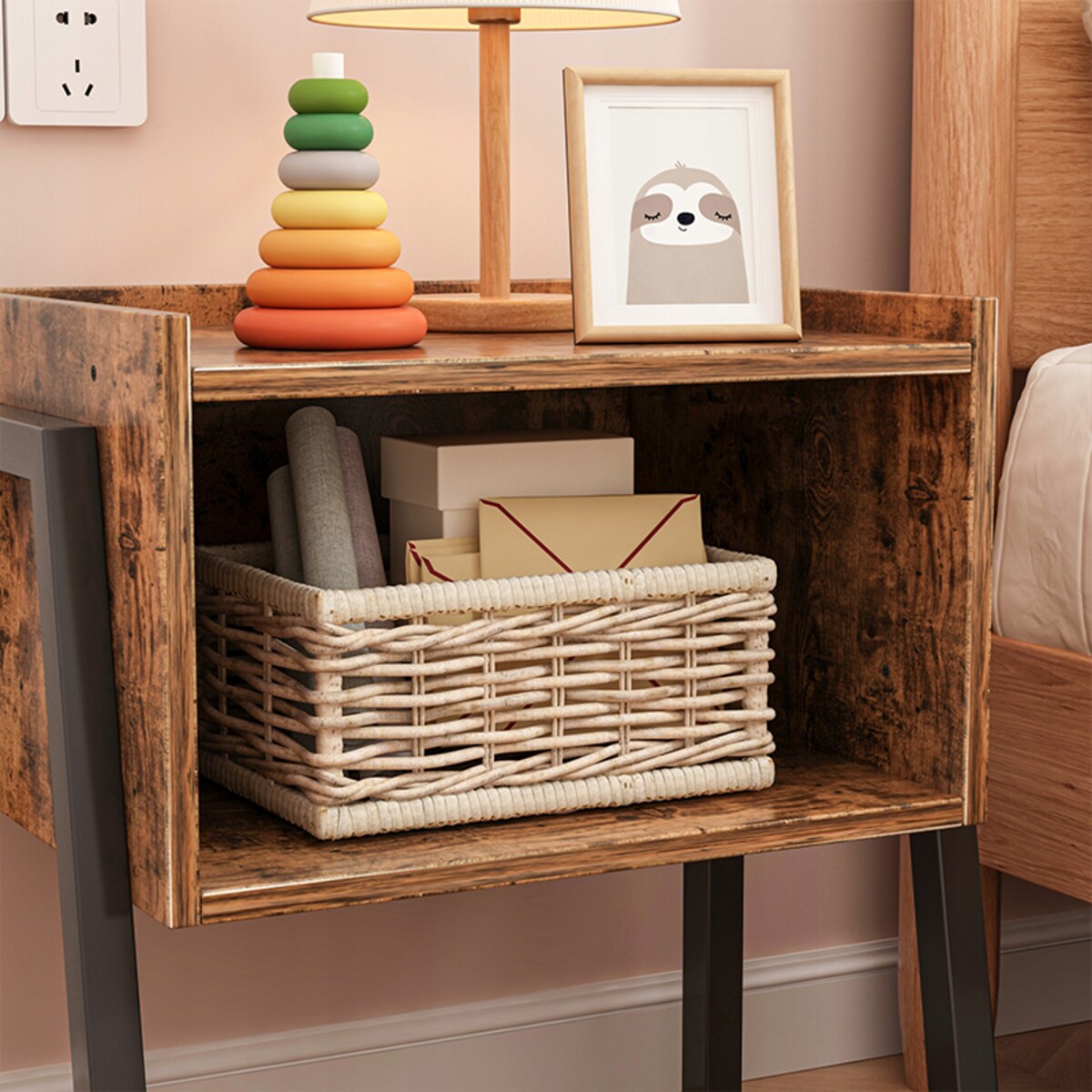 Szafka nocna loft stolik rustykalny półka drewniana industrialna sypialnia