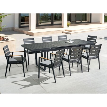 Zestaw ogrodowy stół rozkładany i 8 krzeseł czarny z poduszkami szarymi VALCANETTO/TAVIANO