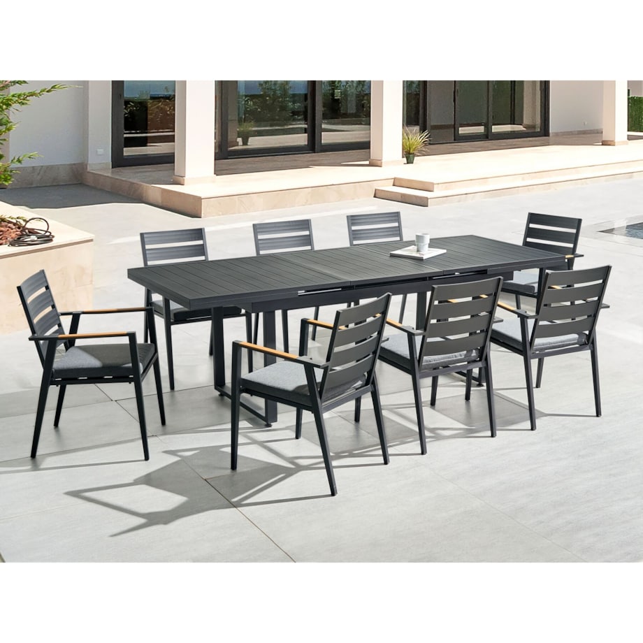 Zestaw ogrodowy stół rozkładany i 8 krzeseł czarny z poduszkami szarymi VALCANETTO/TAVIANO