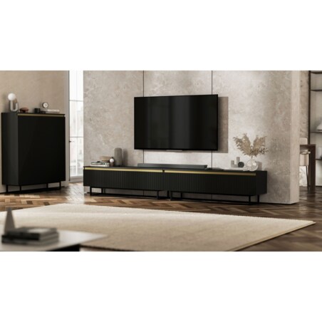 Nowoczesna Szafka RTV Glamour Komoda RTV Czarny Mat 280 cm czarny stelaż
