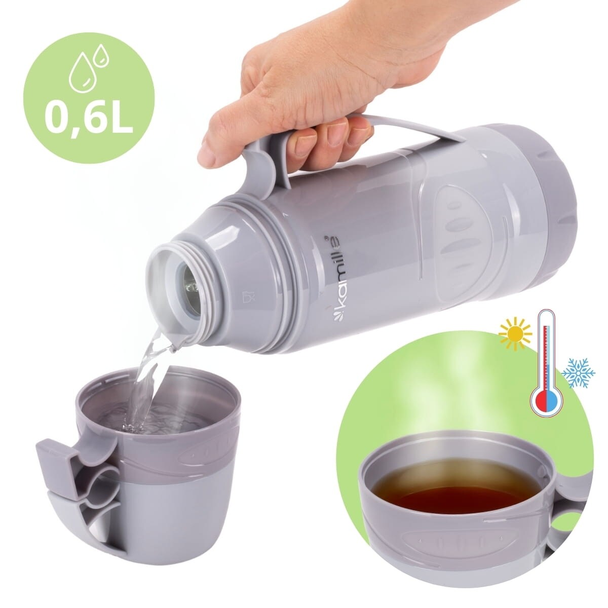 Termos ze szklanym wkładem uchwytem i kubeczkami 600ml KAMILLE