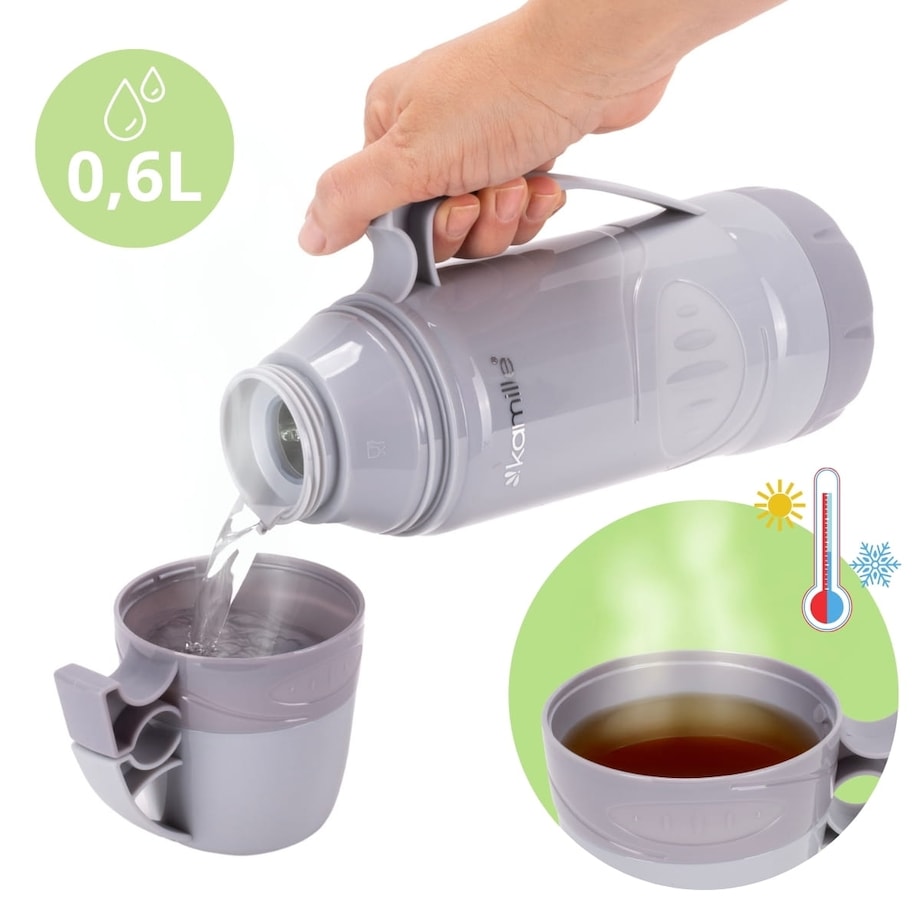Termos ze szklanym wkładem uchwytem i kubeczkami 600ml KAMILLE