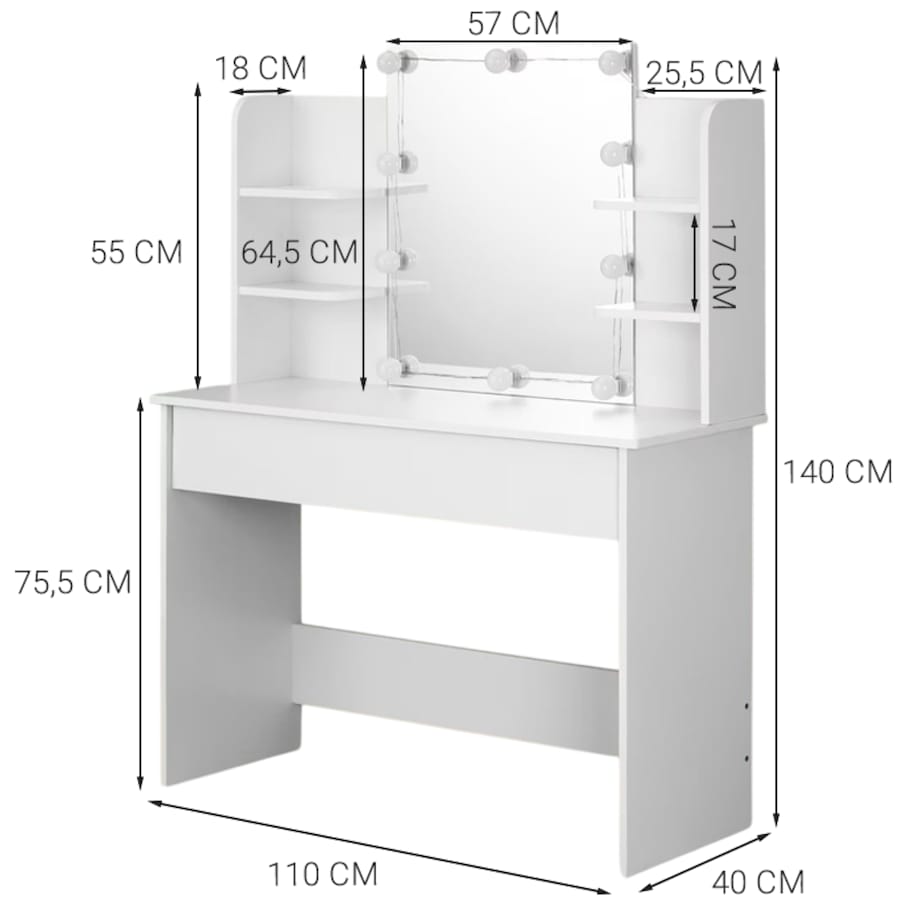 TOALETKA KOSMETYCZNA MAKIJAŻU WIZAŻU Z LUSTREM LED NOWOCZESNA LOFT 110 CM