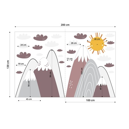 NAKLEJKI ŚCIENNE DLA DZIECI BORDOWE GÓRY CHMURKI ZESTAW STYL SKANDYNAWSKI