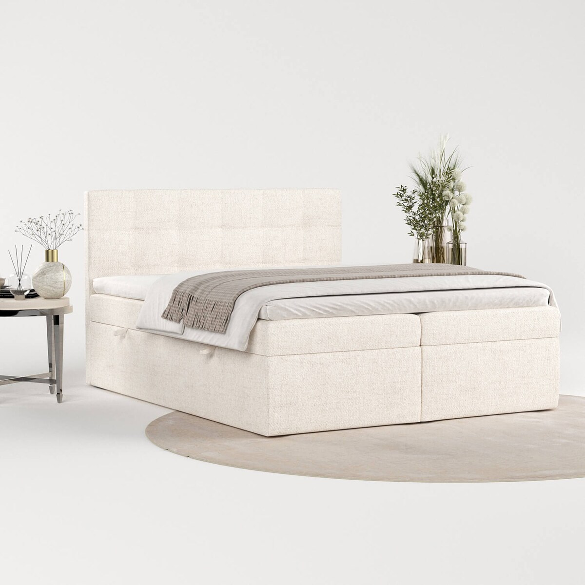 Łóżko tapicerowane LEAN 180x200 z pojemnikiem, Kremowy, tkanina Neve 02