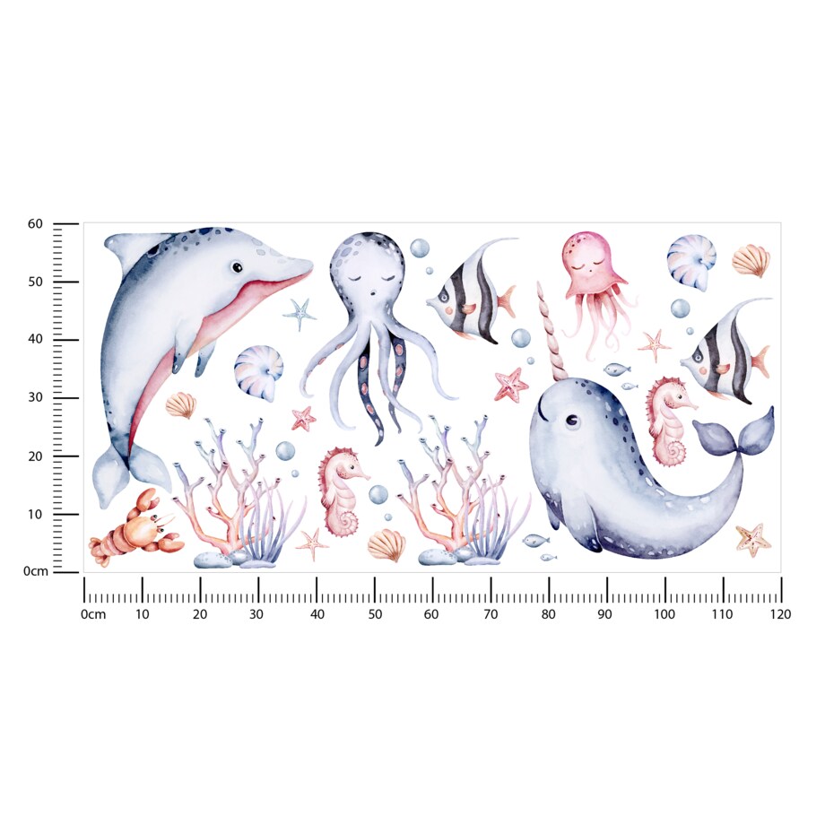 Naklejki Dla Dzieci ZESTAW Morskie Zwierzątka Ryby Delfiny Muszle Akwarela 120x60cm