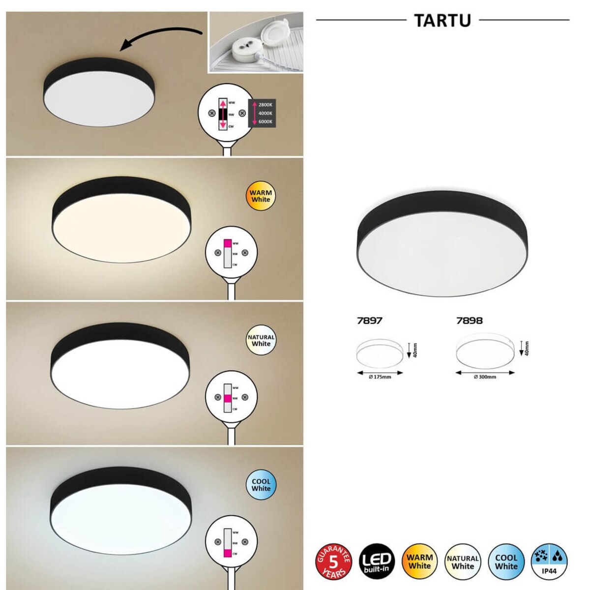 Łazienkowa LAMPA plafon TARTU 7897 Rabalux metalowa OPRAWA sufitowa LED 18W 2800K - 6000K plafoniera okrągła IP44 czarna