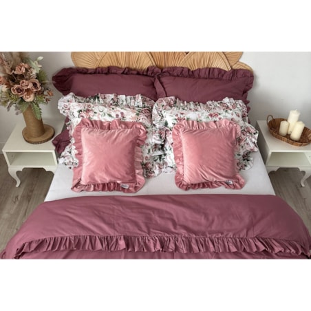 Pościel Bawełniana Z Falbanką Zestaw Komplet Do Sypialni Kołdra + 6 Poduszek 200X200 Cm Retro Kwiaty Jasny Róż