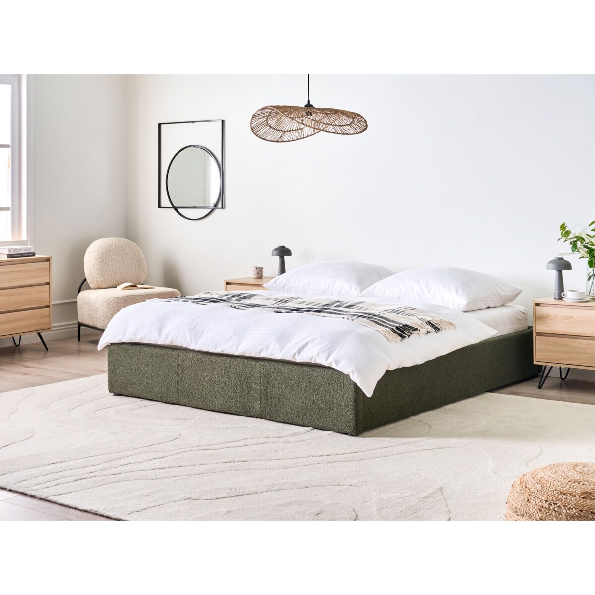 Łóżko z pojemnikiem bez zagłówka Boucle DINAN 160 x 200 cm Ciemnozielony