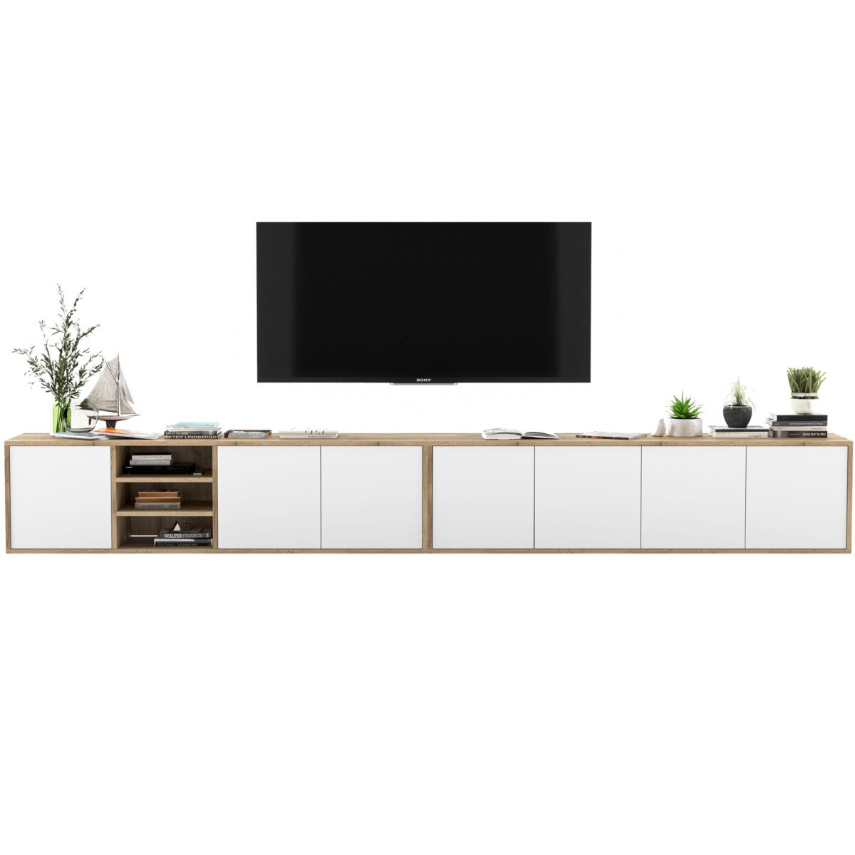 Wisząca szafka RTV Loft Industrialna Dąb Wotan Biały MAT 300 cm