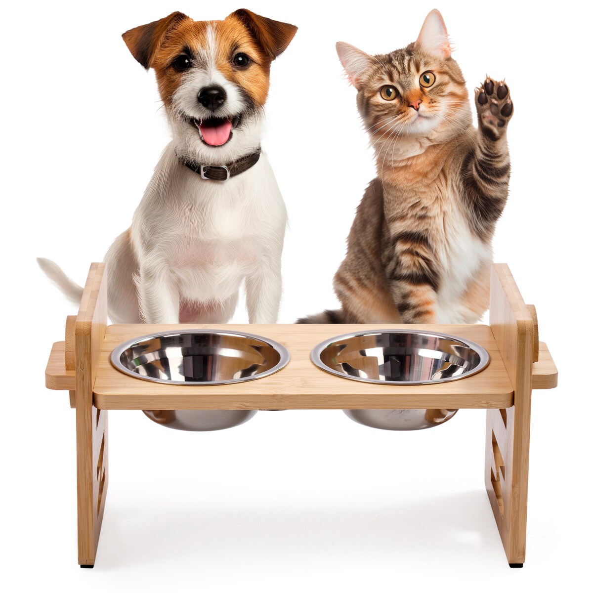 Zestaw 2 Misek Z Regulacją Wysokości  Pies Kot Drewniane Dla Zwierząt