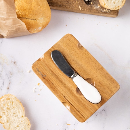 Porcelanowa maselniczka biała maselnica z nożykiem do masła pokrywka akacjowa KLAUSBERG