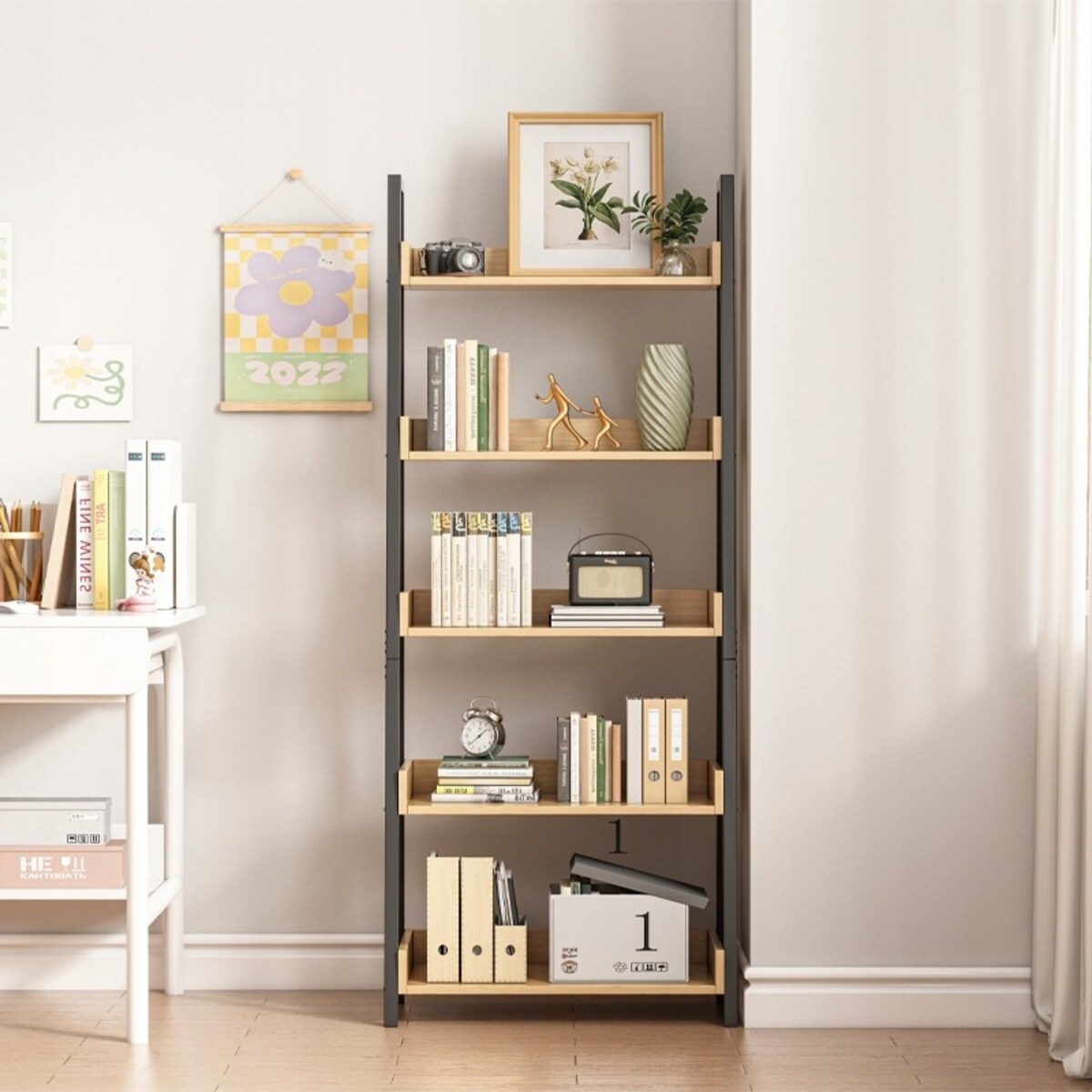 Regał drabinka na książki segregatory dębowy czarny do biura salonu loft