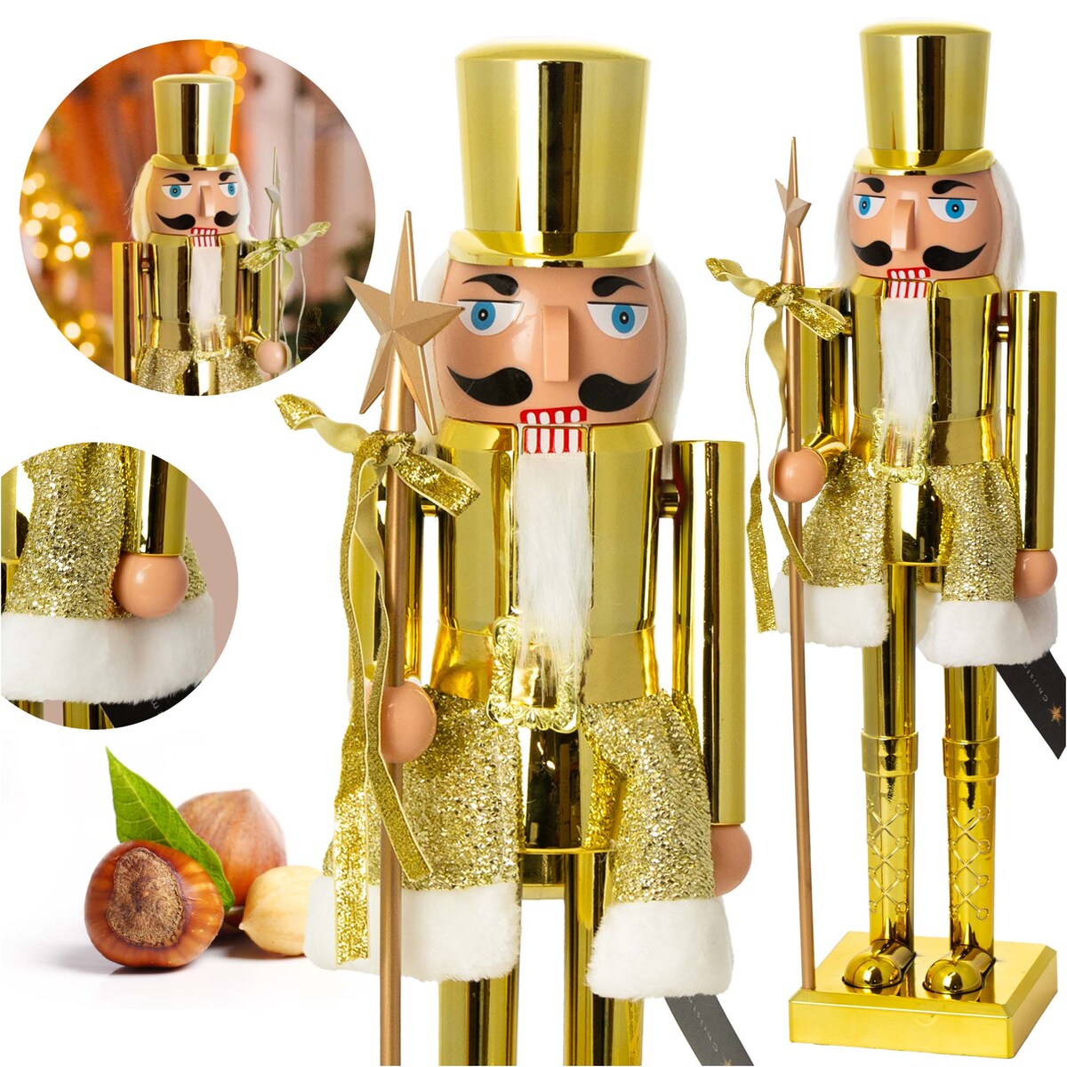 Figurka Dziadek Do Orzechów 60 Cm Boże Narodzenie Złoty Czapka Płaska