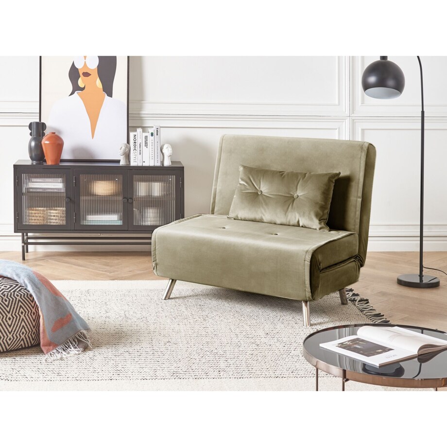Sofa rozkładana welurowa jednoosobowa zielona oliwkowa FARRIS