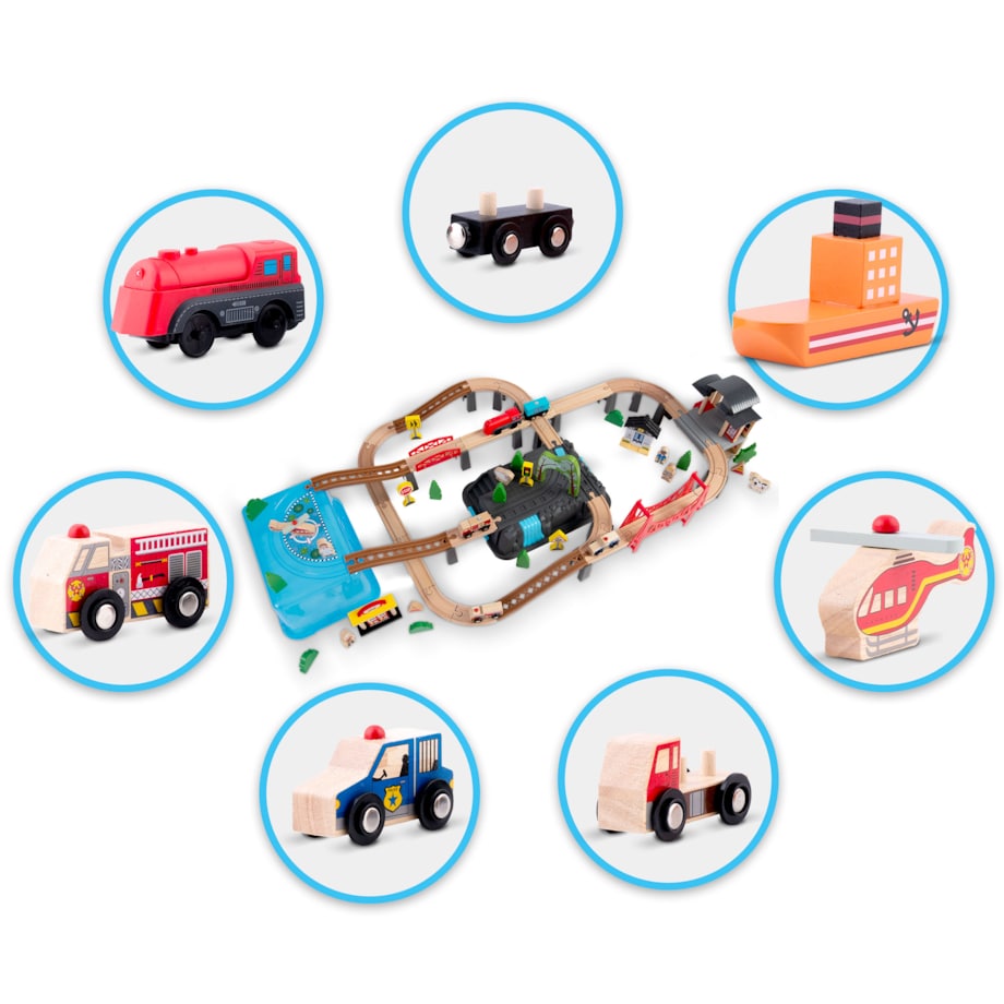 Kolejka drewniana miasteczko pociąg auta 100 szt. Ricokids