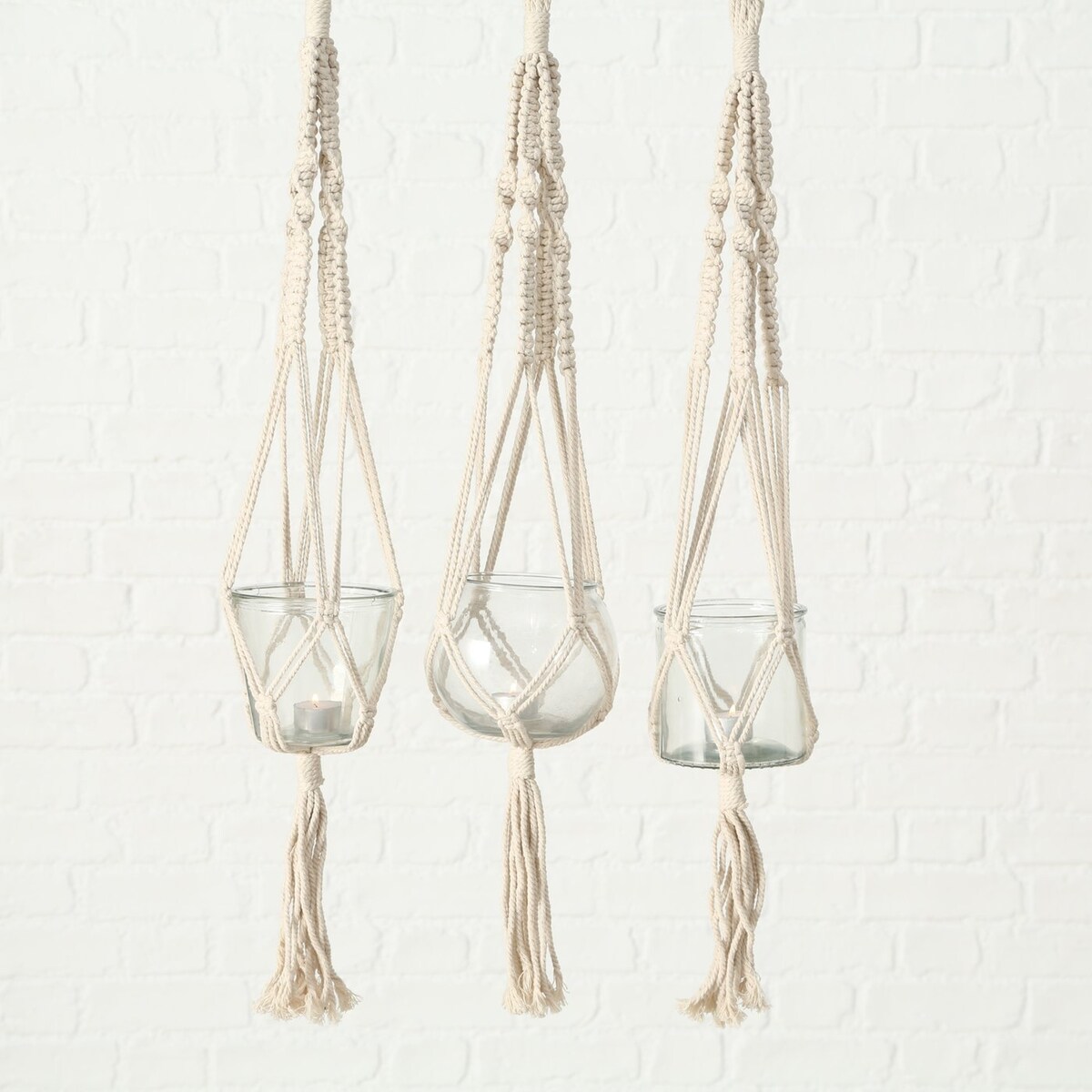 Szklana doniczka na kwiaty, dekoracja z makramy MAKRAMEE, 83 cm