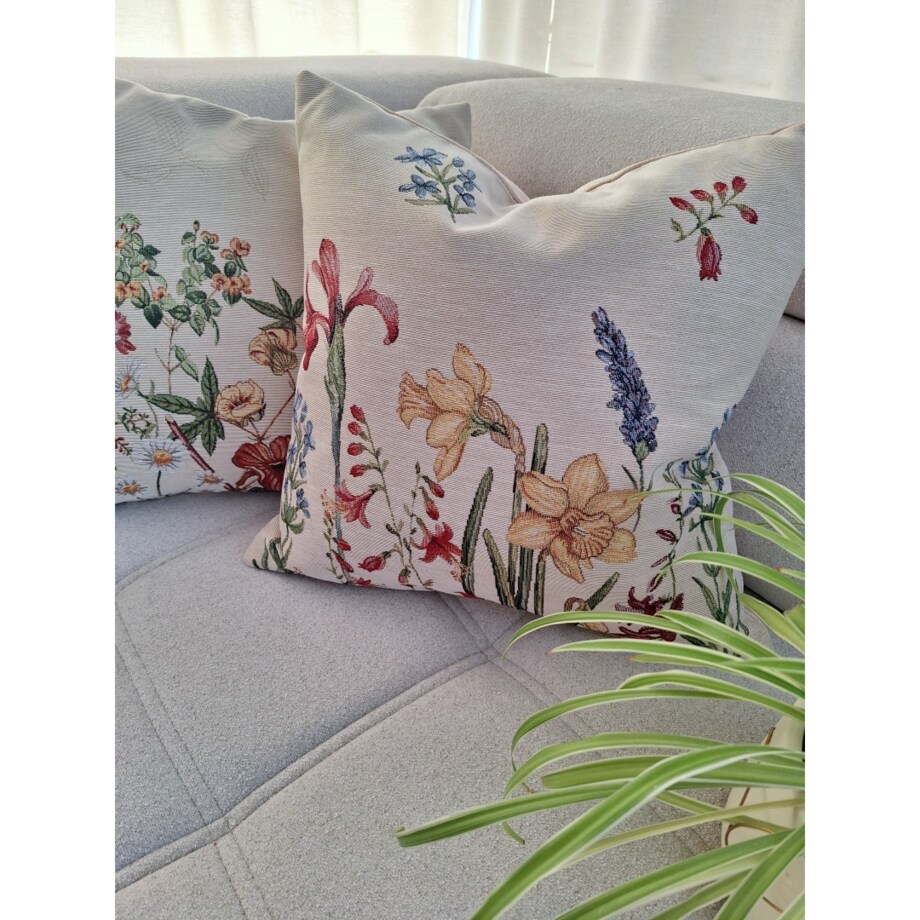 Poszewka Na Poduszkę Jasiek 45X45 Cm Żakardowa Dekoracyjna Ozobna Wiosenne Kwiaty