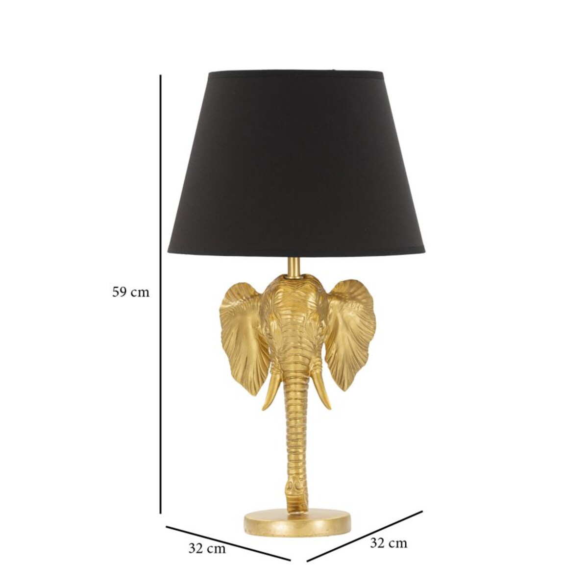 Lampa stołowa Elephant, kolor złoty i czarny, żywica syntetyczna i żelazo, 32 x 32 x 59 cm, 1 x E27, max. 40 W, motyw: słoń / słonie, Mauro Ferretti