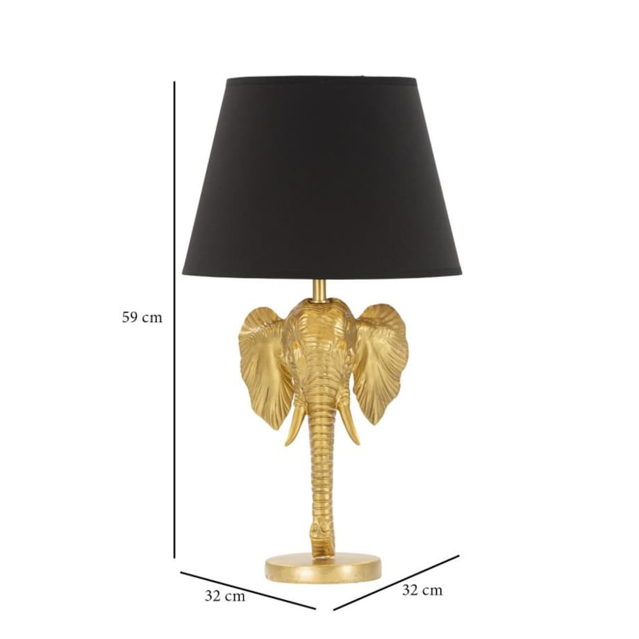 Lampa stołowa Elephant, kolor złoty i czarny, żywica syntetyczna i żelazo, 32 x 32 x 59 cm, 1 x E27, max. 40 W, motyw: słoń / słonie, Mauro Ferretti