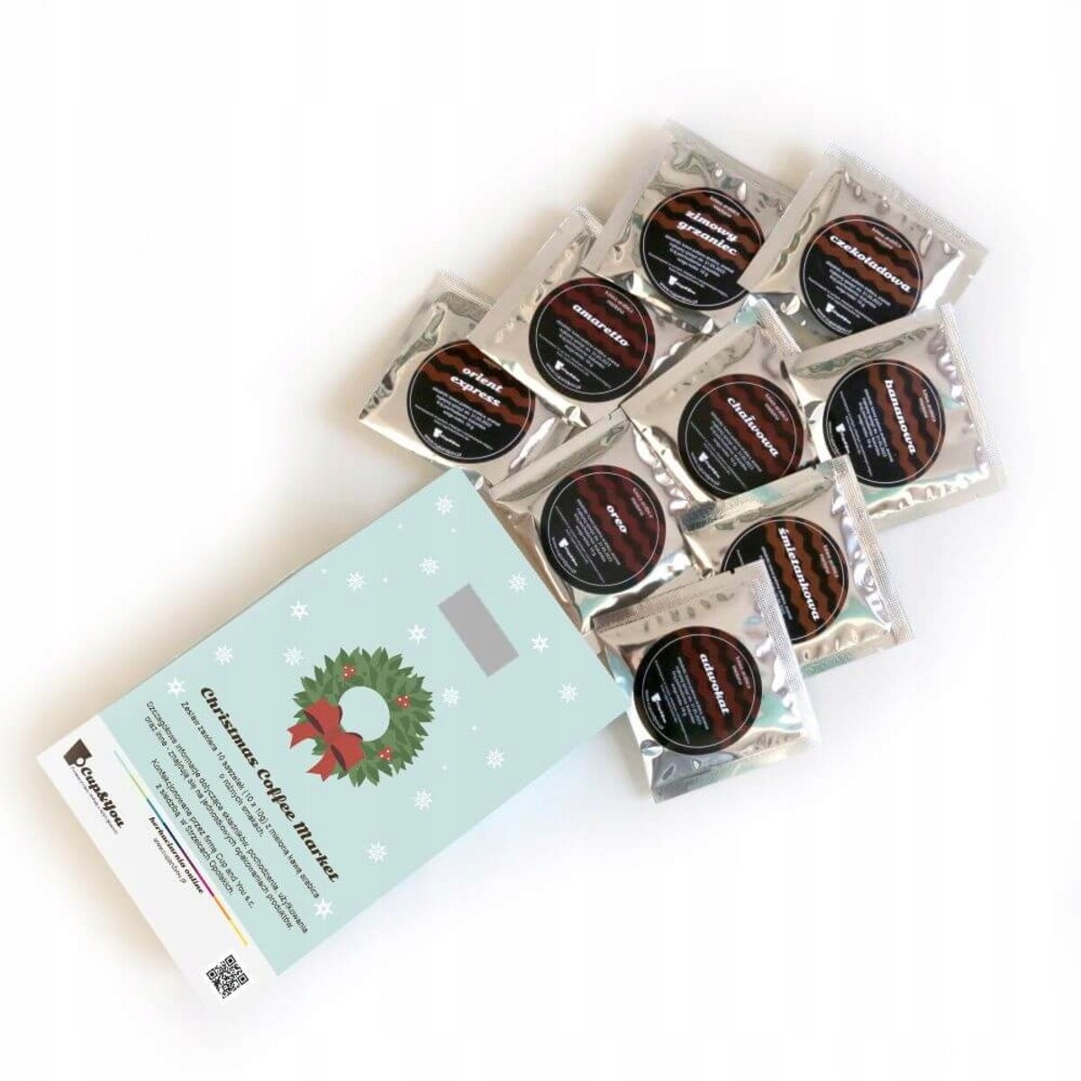 ŚWIĄTECZNY ZESTAW PREZENTOWY BOX 10 KAW SMAKOWYCH MIELONYCH W SASZETKACH - PREZENT UPOMINEK POD CHOINKĘ NA ŚWIĘTA GWIAZDKĘ MIKOŁAJA BOŻE NARODZENIE DLA KOBIETY FACETA MĘŻCZYZNY