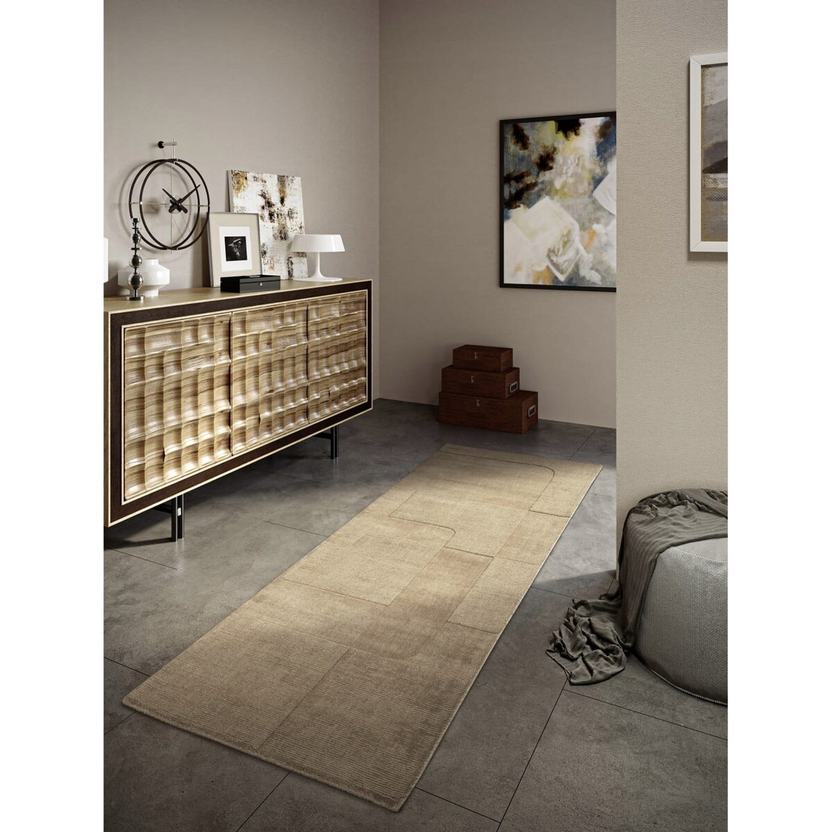 Chodnik wełniany do korytarza 80x250cm, beżowy nowoczesny wzór 3D