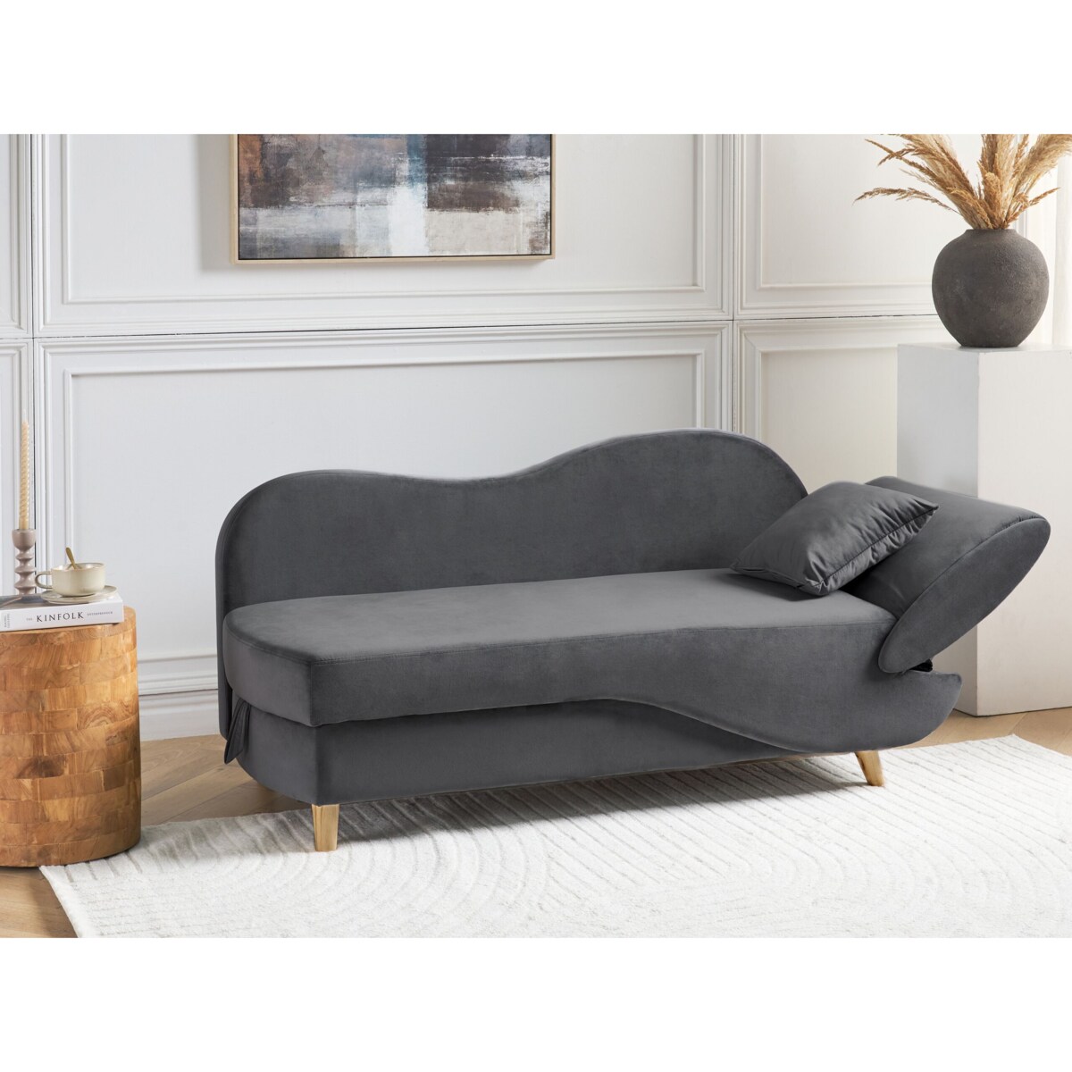 Szezlong prawostronny MERI Welur Ciemnoszary ze schowkiem