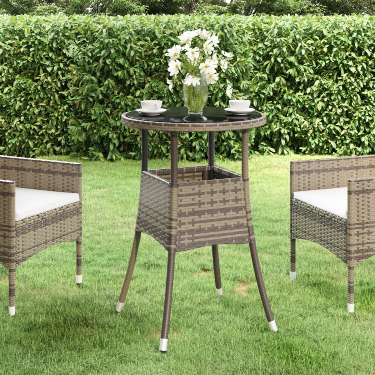 vidaXL Stolik ogrodowy, Ø60x75 cm, szkło hartowane i rattan PE, szary