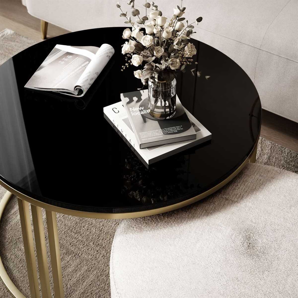 Stolik kawowy z pufą LORI POŁYSK złoto szczotkowane, czarny / Perfect Harmony 01