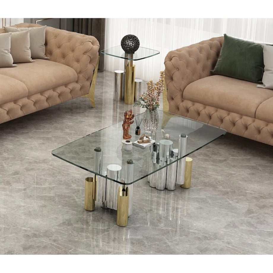 Stolik kawowy nowojorski złoto-srebrny / ława Mediolan Premium 130x70x40