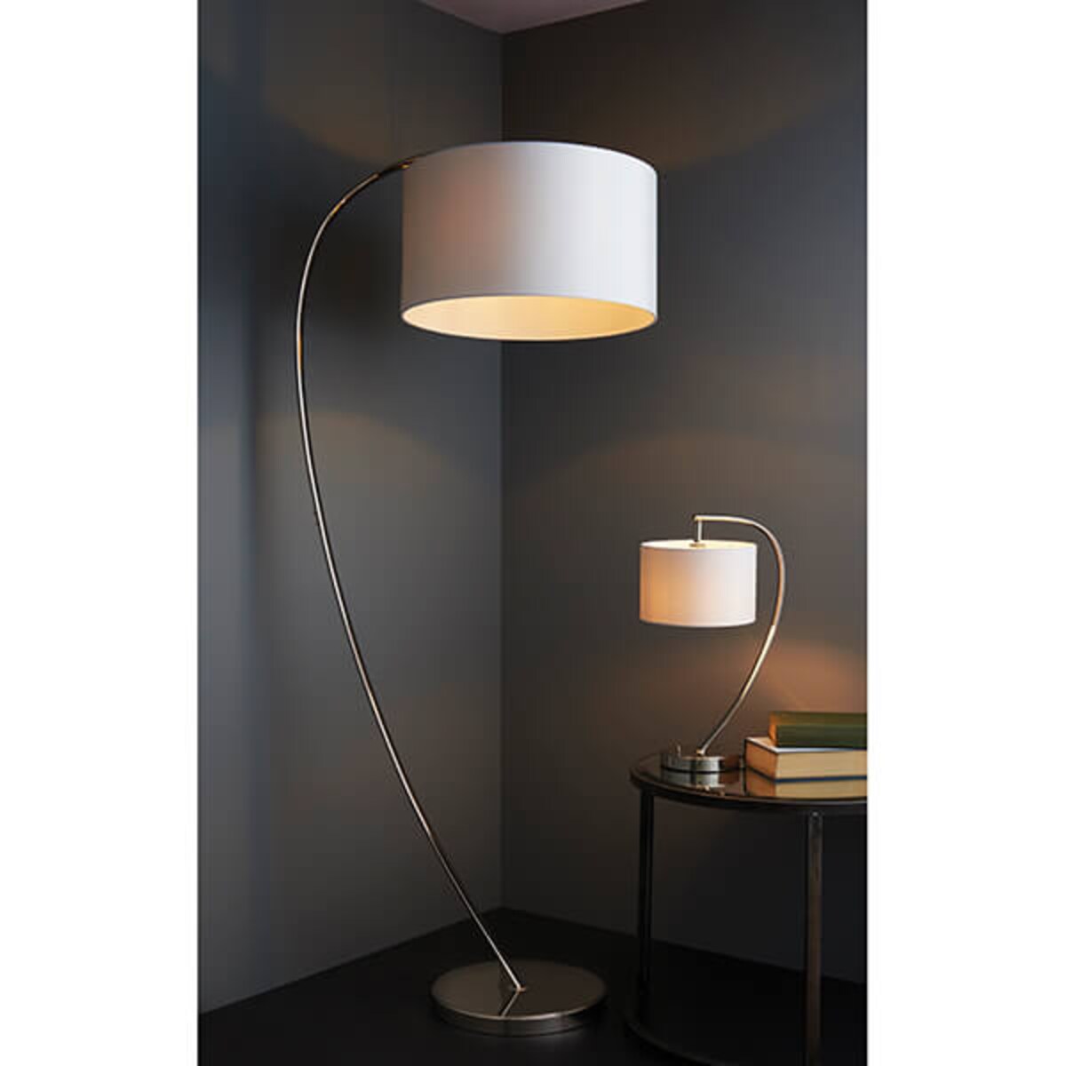 Lampa podłogowa Josephine 72388 Endon łukowa okrągły abażur biały nikiel