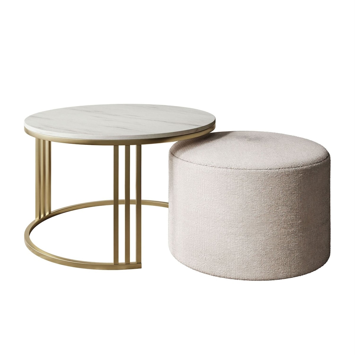 Stolik kawowy z pufą LORI MAT złoto szczotkowane, Marmur Levanto / Perfect Harmony 01
