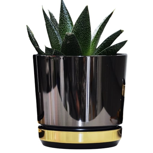 14 Doniczka DUO CZARNA z podstawką ZŁOTA dwukolorowa nowoczesna glamour wysoki połysk metaliczna elegancka
