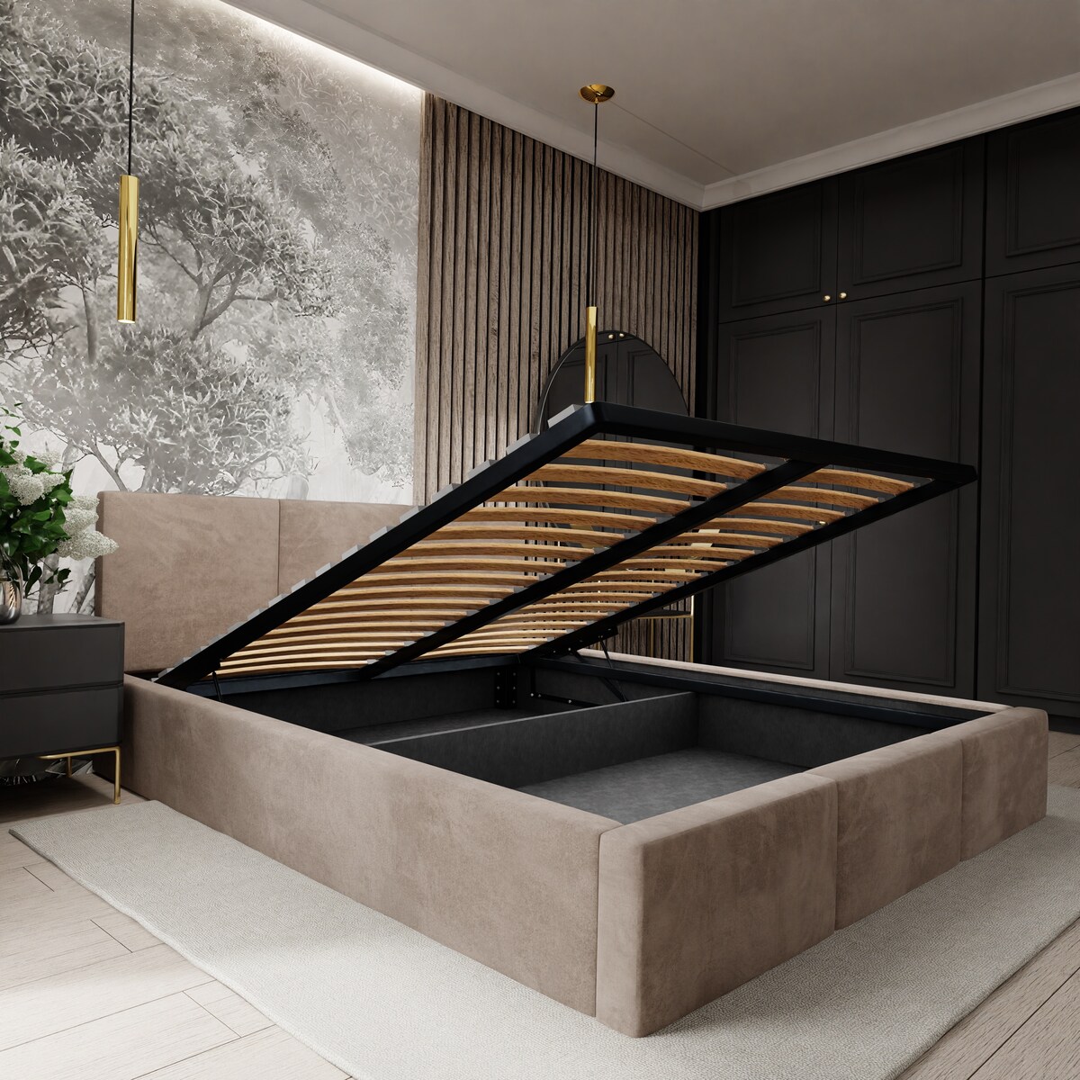 ŁÓŻKO TAPICEROWANE 140x200 ŁÓŻKO PODWÓJNE Z POJEMNIKIEM BEŻOWE