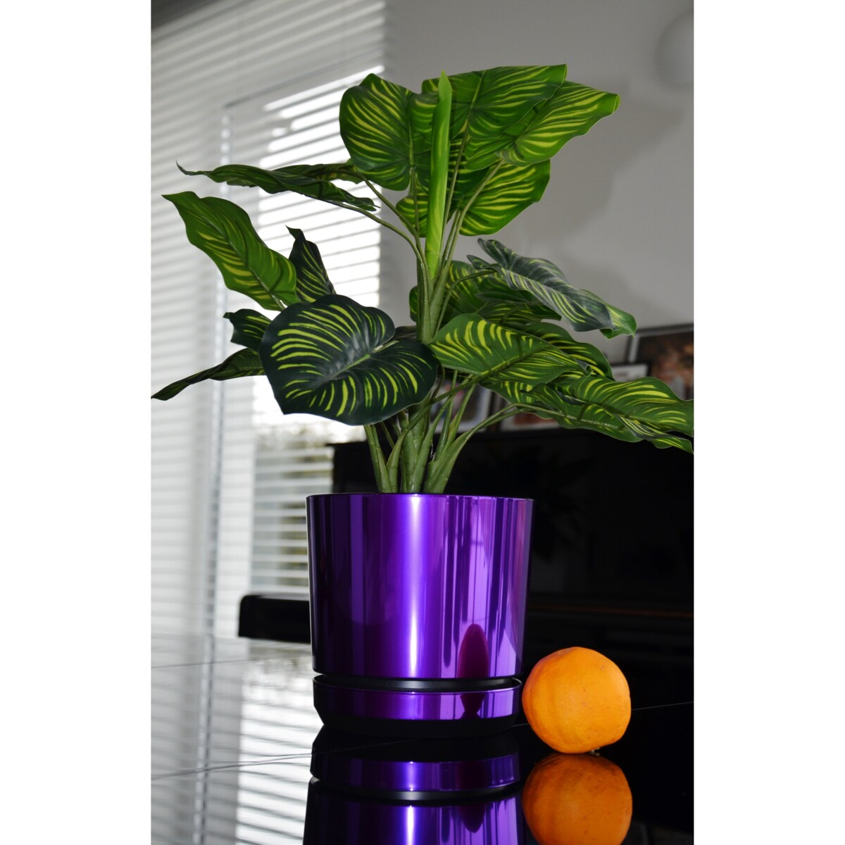 21 cm wzór FIOLETOWY BŁYSZCZĄCY Doniczka z podstawką glamour wysoki połysk metaliczny wrzosy lawenda krokusy storczyk orchidea