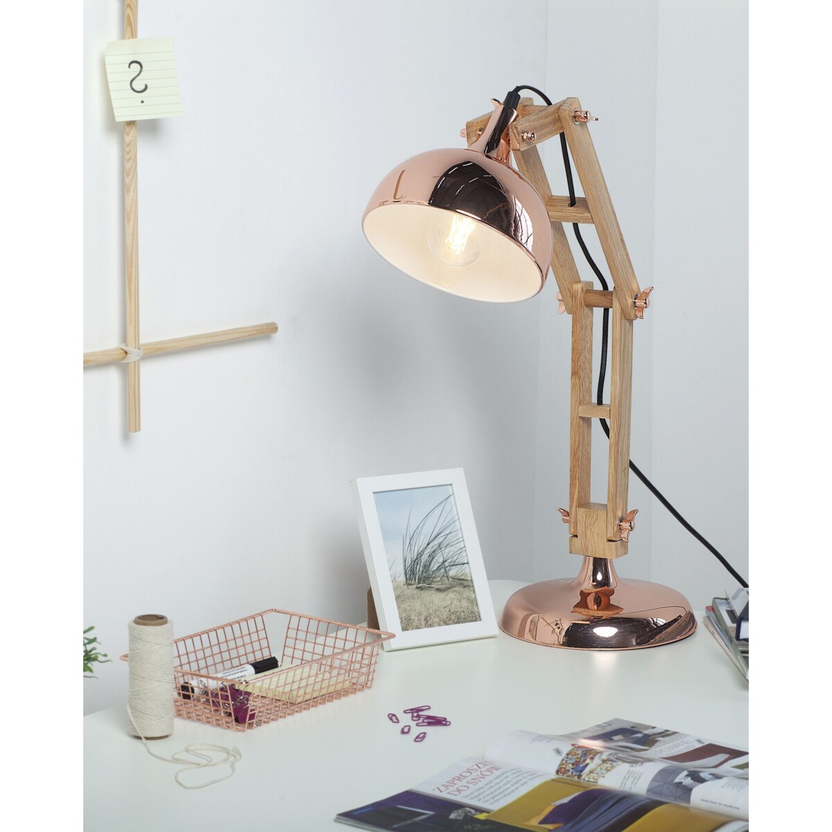 Lampka biurkowa regulowana drewniana miedziana SALADO