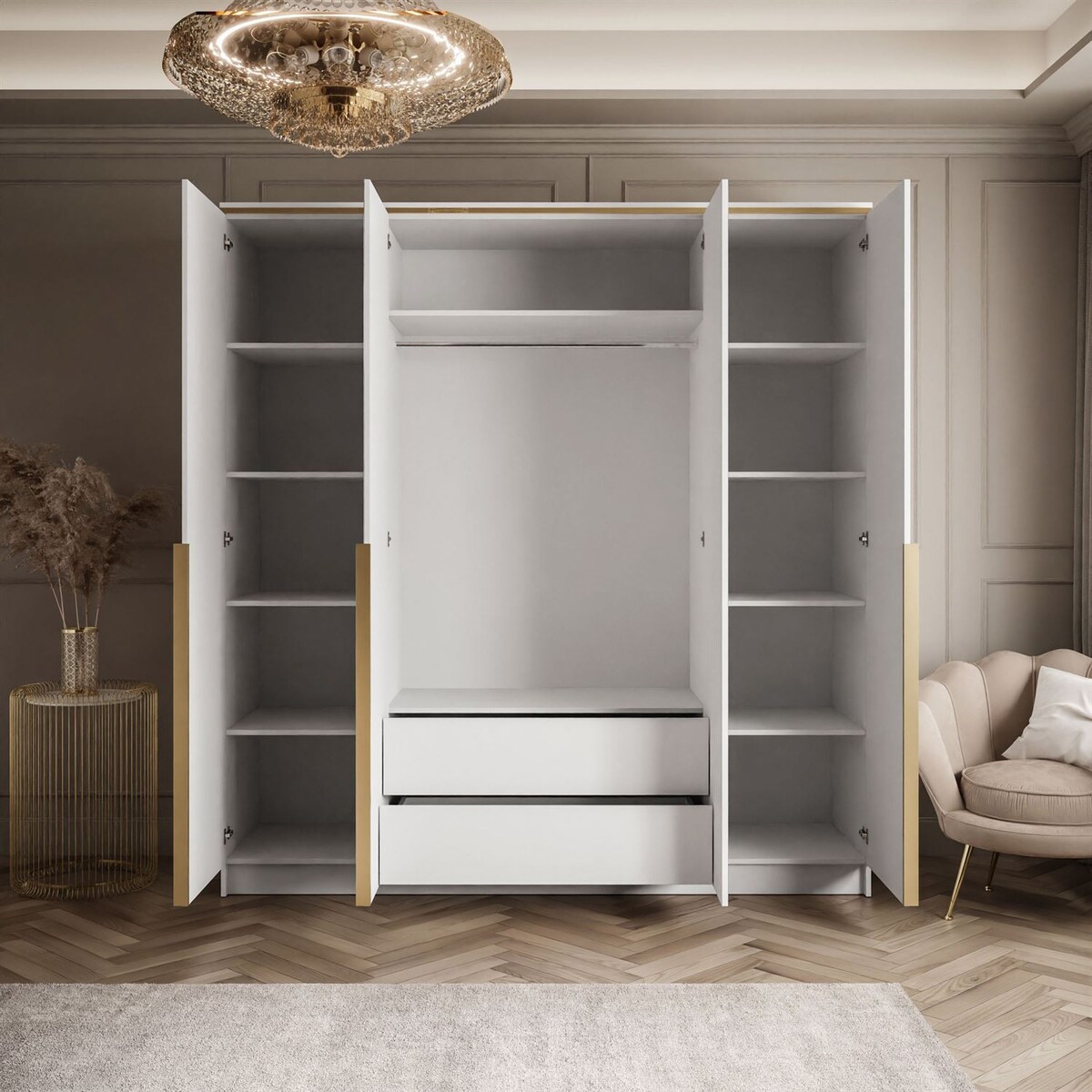 Szafa uchylna z lustrem AURORA 4D w białym połysku złoty uchwyt