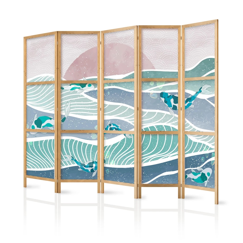 Parawan japoński Zwierzęta 225x172 cm 5-częściowy turkusowy