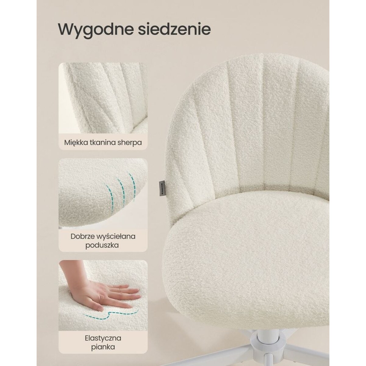 Fotel obrotowy z Fleece, regulowany, komfortowy, cremeweiß