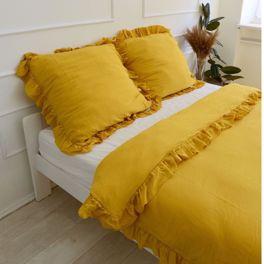 Pościel Muślinowa Z Falbanką Komplet Zestaw Do Sypialni Musztardowa Dziecięca 140X200 Cm + Poduszka 70X80 Cm