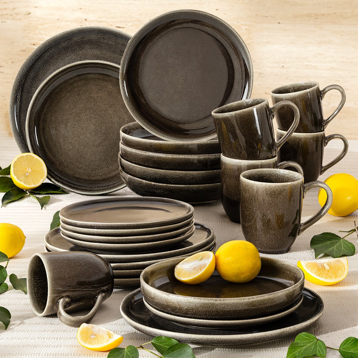 EDA Zestaw obiadowy 6 os. (24 el.), brązowy/szary/beżowy