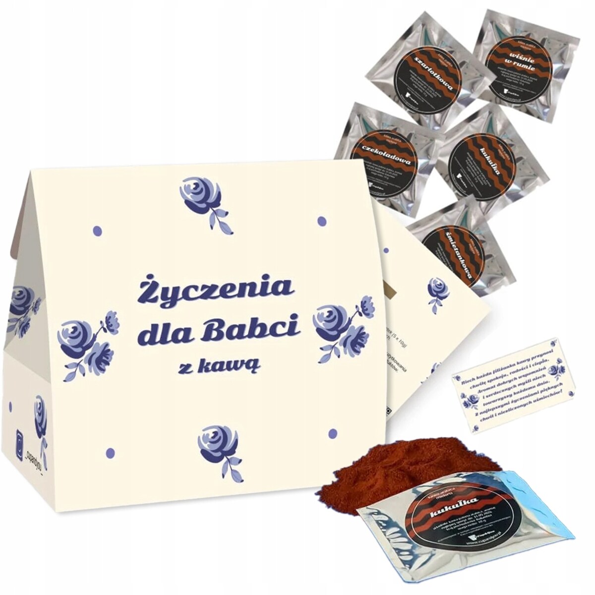 MAŁY ZESTAW PREZENTOWY BOX DLA BABCI 5 SMAKÓW KAW MIELONYCH W SASZETKACH PO 10 GRAM - PREZENT UPOMINEK NA DZIEŃ BABCI 60 70 80 90 100 URODZINY