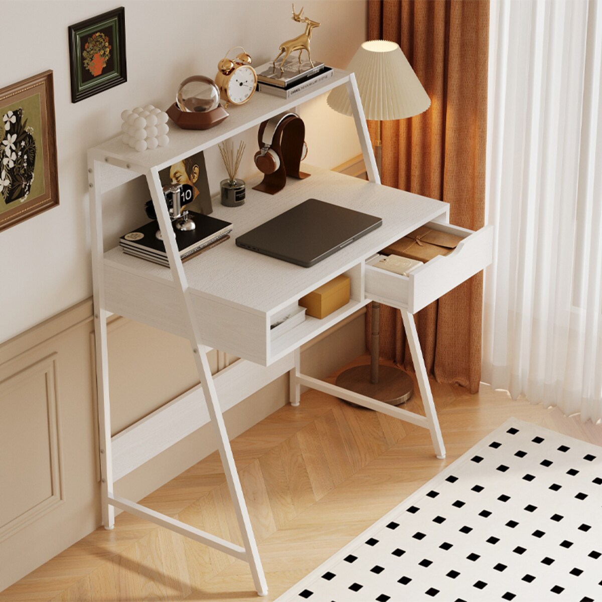 Biurko Komputerowe Białe Szkolne Stolik Loft Industrialne Z Szufladą