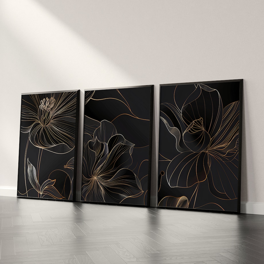 ZESTAW 3X PLAKAT W RAMIE KWIATY STYL LINE-ART STYL GLAMOUR DO SALONU 60x80cm