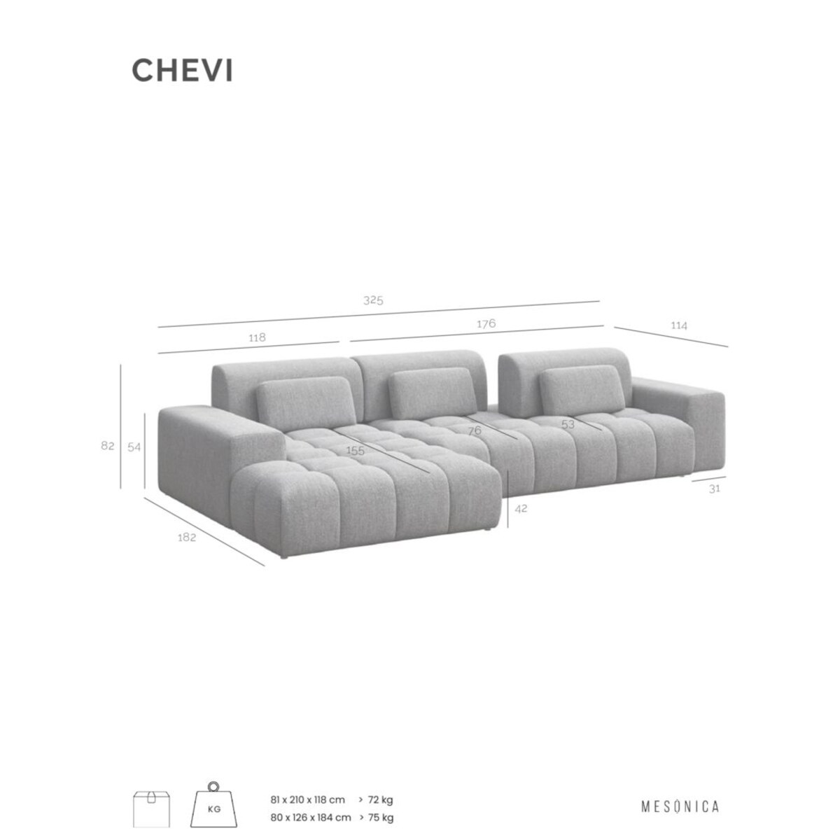 Chevi Sofa narożna - jasnoszara
